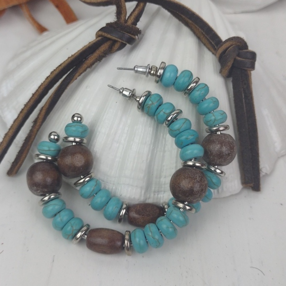 Turquoise Dark Wood & Silver Tone:Beaded Gorgeous Boho Hoop Earrings